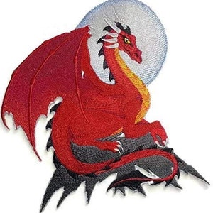 May include: Red dragon with wings outstretched, sitting on a rocky ledge, with a full moon behind it.