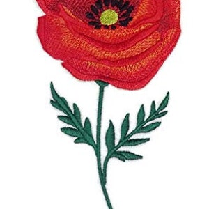 May include: Red embroidered poppy flower with green stem and leaves.