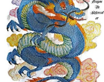Custom Dragon in Watercolor Embroidery Iron On/Sew Patch [7.26" X 5.84"]