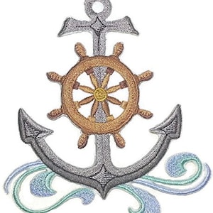 May include: A silver anchor with a brown and gold ship's wheel, surrounded by blue and green waves. The anchor and wheel are embroidered.