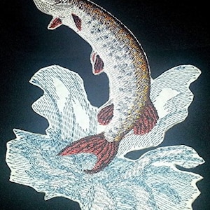 May include: Embroidered patch featuring a leaping fish, likely a pike, with detailed stitching in shades of brown, silver, and red. The fish is depicted above a stylized water splash, set against a dark background. Ideal for adding to jackets, bags, or other fabric items.