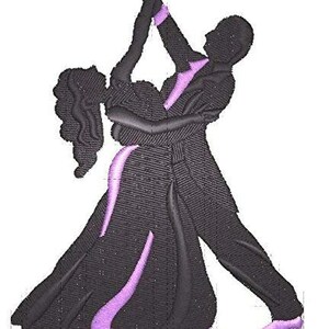 May include: A black and purple silhouette of a couple dancing. The woman is wearing a long dress with a purple sash and the man is wearing a suit. They are both in a ballroom dance pose.