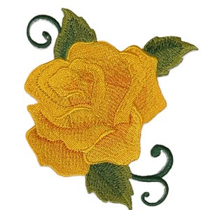May include: Embroidered patch featuring a detailed yellow rose with green leaves and stems. The rose has multiple layers of petals, and the leaves have intricate stitching. The patch is designed for application on clothing or accessories.