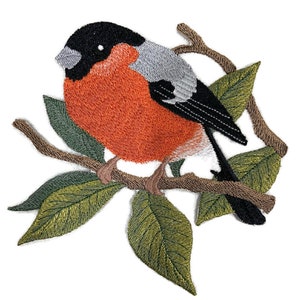 May include: Embroidered iron-on patch of a red-breasted robin perched on a branch with green leaves.