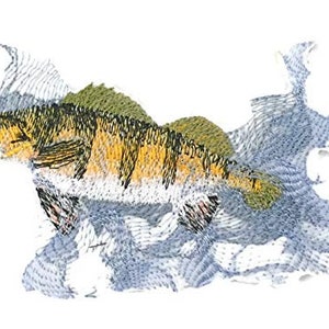 May include: Embroidered design of a yellow and green perch fish swimming through a blue and white water pattern.