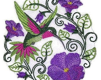 Colibrí con círculo de flores bordado de hierro en / coser parche [5 "X 5"]