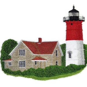 May include: Embroidered image of a lighthouse and house. The lighthouse is red and white with a black top. The house has a red roof and tan walls. Green bushes surround the structures, creating a coastal theme.