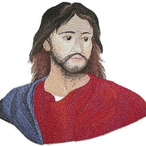 May include: Embroidered patch of a man with long brown hair and a red robe. He has a beard and a serious expression on his face.