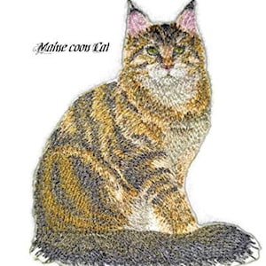 Op de afbeelding: Gestikt patch van een Maine Coon kat met bruin, zwart en wit bont. De kat zit met zijn staart om zijn lichaam gekruld. De tekst "Maine Coon Cat" staat boven de kat.