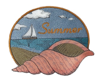 Parche bordado para coser o planchar con diseño de conchas marinas personalizado [5, 83 "(ancho) x 4,83" (alto)]