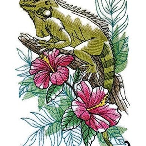 May include: Green iguana lizard perched on a branch with pink hibiscus flowers and green leaves.