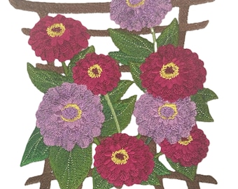 Zinnia Embroidered Patch: Japanese Flower Iron-On Applique