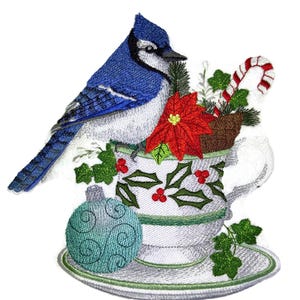 Toppa ricamata da stirare/cucire con scritta "Festival Blue Jay And Christmas Tea" [6,9" X 7,19"]