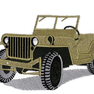May include: An embroidered patch depicting a military jeep in beige, with black tyres and a black grille. The jeep is facing forward and has a white star on the front bumper.