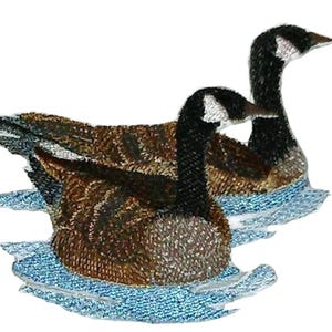 May include: An embroidered patch featuring two Canada geese swimming in water. The geese have black necks, white cheek patches, and brown bodies with textured feather details. The water is depicted with light blue and white thread stitching.