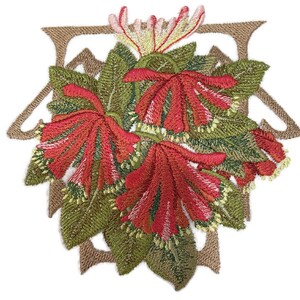 May include: Embroidered patch featuring a cluster of red honeysuckle flowers with green leaves, framed by a brown outline.