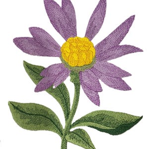 May include: A purple flower with a yellow centre and green leaves. The flower is embroidered on a white background.