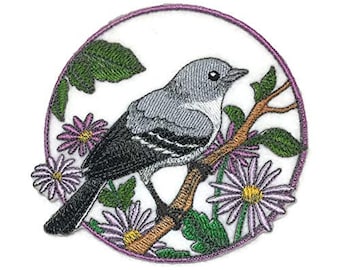 Bird In Circle Mockingbird and Aster Circle Embroidered Iron on/Sew Patch [5" X 5"]