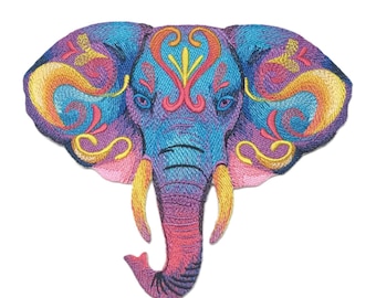 Vibrant Elephant in Watercolor Embroidered Iron on/Sew Patch [6.7" x 7.8"]