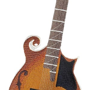 May include: An embroidered patch depicting a mandolin in brown and white. The mandolin features a detailed design with a white outline.