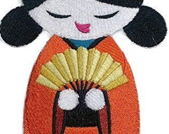 Kokeshi Doll Embroidery Patch: Japanese Fan Iron On/Sew On (6.16" x 4.4")