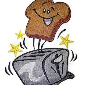 Puede incluir: Una ilustración de dibujos animados de una tostadora con una rebanada de pan sonriente que sale de la parte superior. El pan es marrón y tiene una cara feliz. Hay tres estrellas amarillas alrededor de la tostadora.