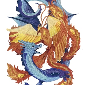 May include: Embroidered patch featuring a blue dragon and a red and yellow phoenix intertwined. The dragon's tail wraps around the phoenix's body, creating a dynamic and intricate design.