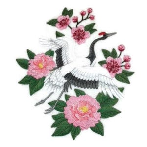 Amazing Birds Kingdom Red Crowned Crane in Bloom Embroidered Iron on/Sew Patch [6.7"x"7.7"]