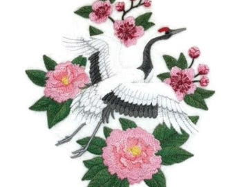 Amazing Birds Kingdom Red Crowned Crane in Bloom Embroidered Iron on/Sew Patch [6.7"x"7.7"]