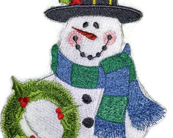 Country Christmas Snowman - Wreath Embroidered Iron on/Sew patch [4" X 6.24"]