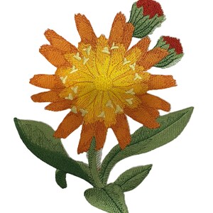 May include: A bright orange embroidered flower with yellow center and green leaves. The flower has two small buds.