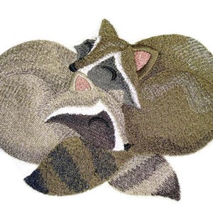 Autumn Cozy Cuddlers - Raccoons Embroidered Iron on/Sew Patch 5.69" X 4.26"