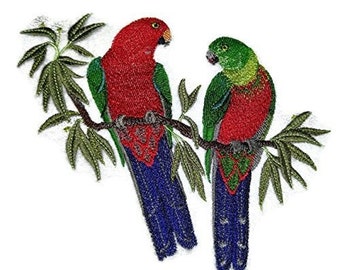 Australian King parrots In Eucalyptus Embroidered Iron on patch [6.6" X 5.9"]