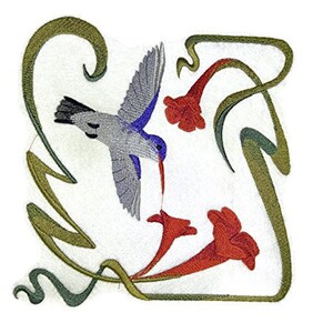 May include: Embroidered design featuring a hummingbird with blue and gray feathers, drinking nectar from a red flower. The design is surrounded by stylized green and gold leaves.