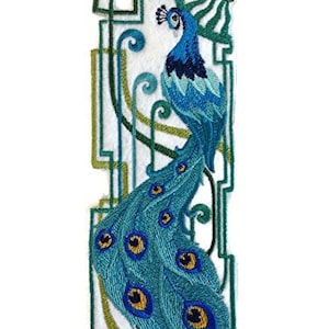 May include: An embroidered iron-on patch featuring a peacock with a blue and green design in an art deco style frame.