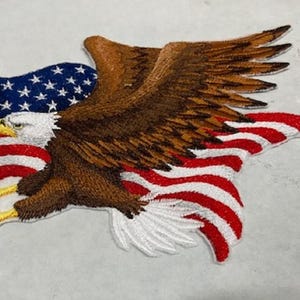 May include: An embroidered patch featuring a bald eagle holding an American flag. The eagle is brown and white, and the flag is red, white, and blue.