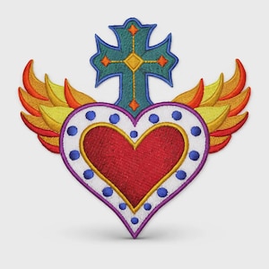 Heart Cross and Flames Milagro Embroidered Iron on/Sew Patch [5.21" X 4.88"]