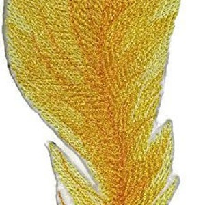 May include: A yellow embroidered feather with a white outline. The feather is a decorative patch that can be ironed onto fabric.