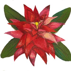Peut inclure: Broderie d'une fleur de poinsettia avec des pétales rouges et des feuilles vertes. La fleur a un centre jaune et est posée sur un fond blanc. La broderie est détaillée, mettant en valeur la texture et les variations de couleur de la fleur.