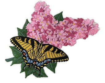Tiger Swallowtail & Lilacs Embroidered Iron on/Sew patch [4.81" X 6.77"]