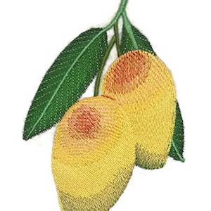 May include: Two yellow mangoes with green leaves. The mangoes are ripe and have a reddish hue on one side.