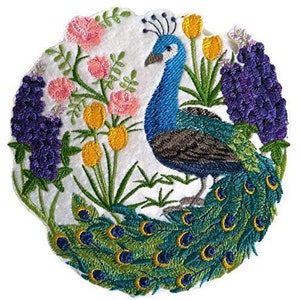 Peacock Scene Embroidered Iron on/Sew Patch [6.8&quot;]