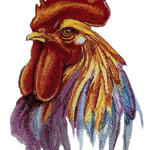 May include: Embroidered rooster head patch with a red comb, yellow and orange feathers, and a purple and blue background.