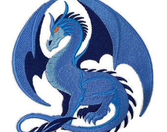 Parche bordado para planchar o coser con dragón único mítico legendario personalizado [Dragón zafiro] [5,83" x 6,0"]