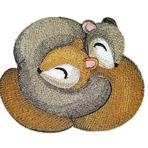 May include: Embroidered patch featuring a brown and gray squirrel hugging a brown and orange fox. Both animals have closed eyes and are smiling.