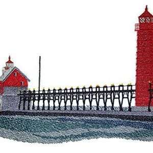 May include: A red lighthouse with a white trim stands on a pier over the water. The lighthouse has a small building attached to it. The pier is made of wooden planks and has railings on both sides.