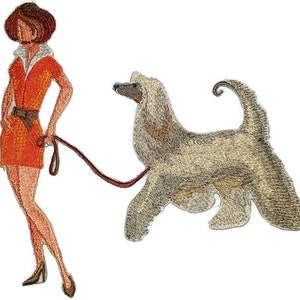 May include: An embroidered patch of a woman in a red dress walking a grey Afghan Hound. The woman is holding a red leash.