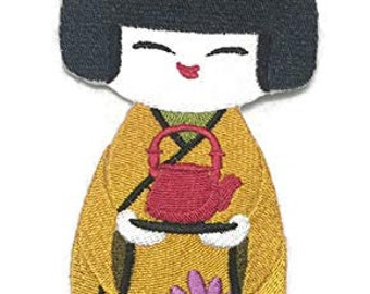 Kokeshi Doll Embroidery Patch: Japanese Tea, Iron On/Sew, USA Made