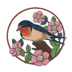 Barn Swallow And Wild Rose Circle Embroidered Iron on/Sew patch [5&quot; X 5&quot;]