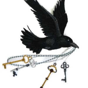 Flying Raven with Skeleton Keys Embroidered Iron on/Sew patch [5.81" X 8.63"]